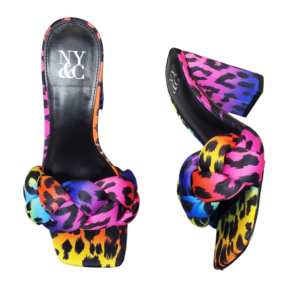 NY&C Womens Colorful Animal Print Satin Square Toe Block Heel Shoes Size 6.5